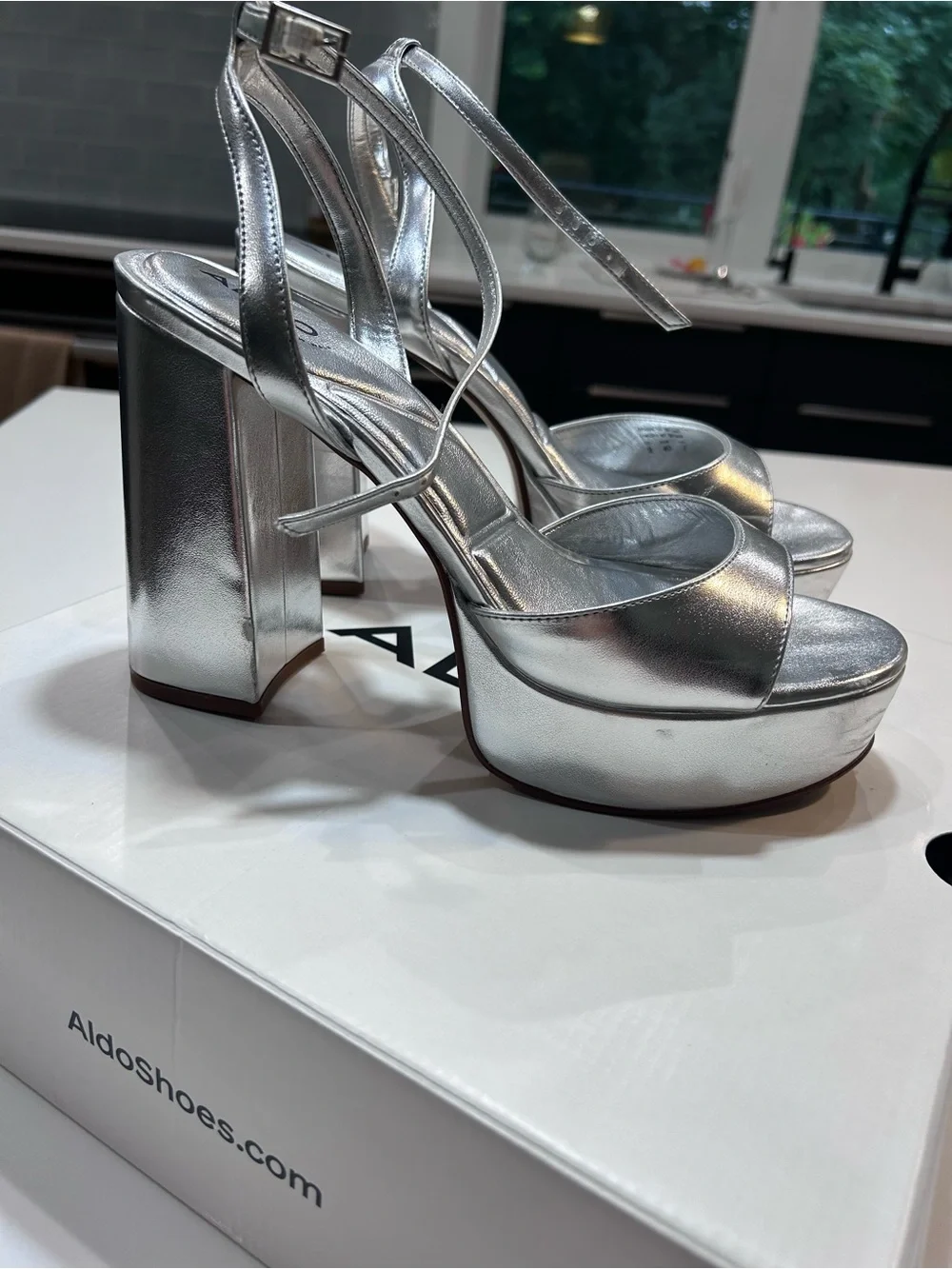 Aldo Metallic Silver Platform Ankle-Strap Heels